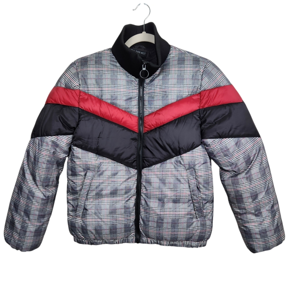 Central Park West Wesley Plaid Striped Puffer Jacket Moc Collar Womens Size S - Picture 2 of 11